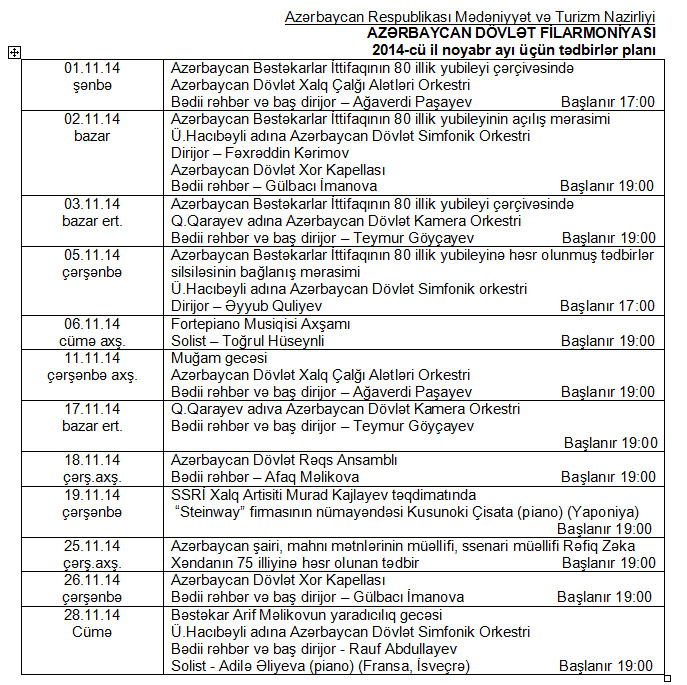 Azərbaycan Dövlət Filarmoniyasının noyabr ayı üçün REPERTUARI - FOTO