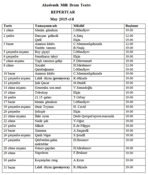 Milli Dram Teatrının may ayı üçün REPERTUARI - FOTO