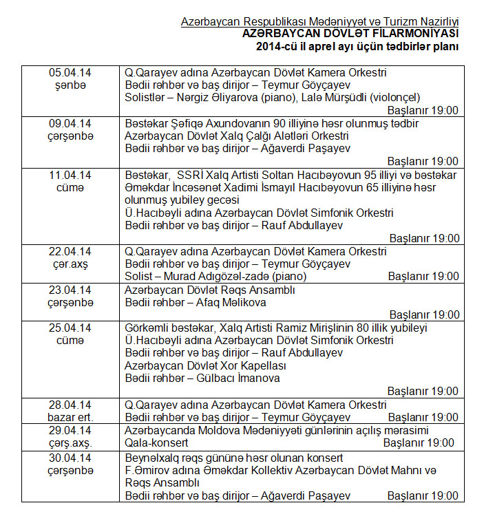 Azərbaycan Flarmoniyasının aprel ayı üçün repertuarı - CƏDVƏL - FOTO