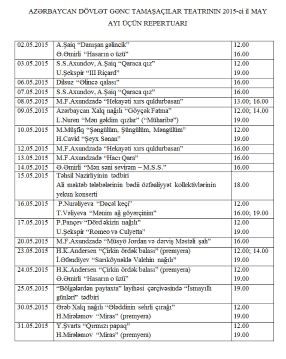 Gənc Tamaşaçılar teatrının may ayı üçün REPERTUARI - FOTO