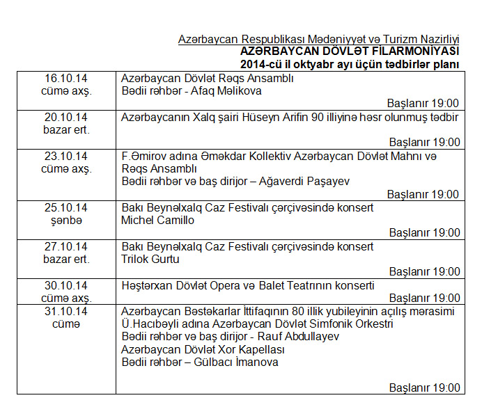 Azərbaycan Dövlət Filarmoniyasının oktyabr ayı üçün REPERTUARI - FOTO